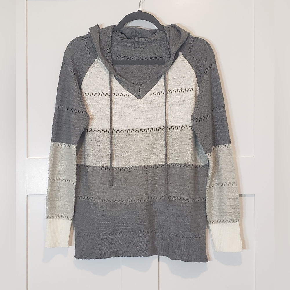 Casual Patchwork V Neck Hooded Knit Sweater Semi Sheer Size Medium Greens